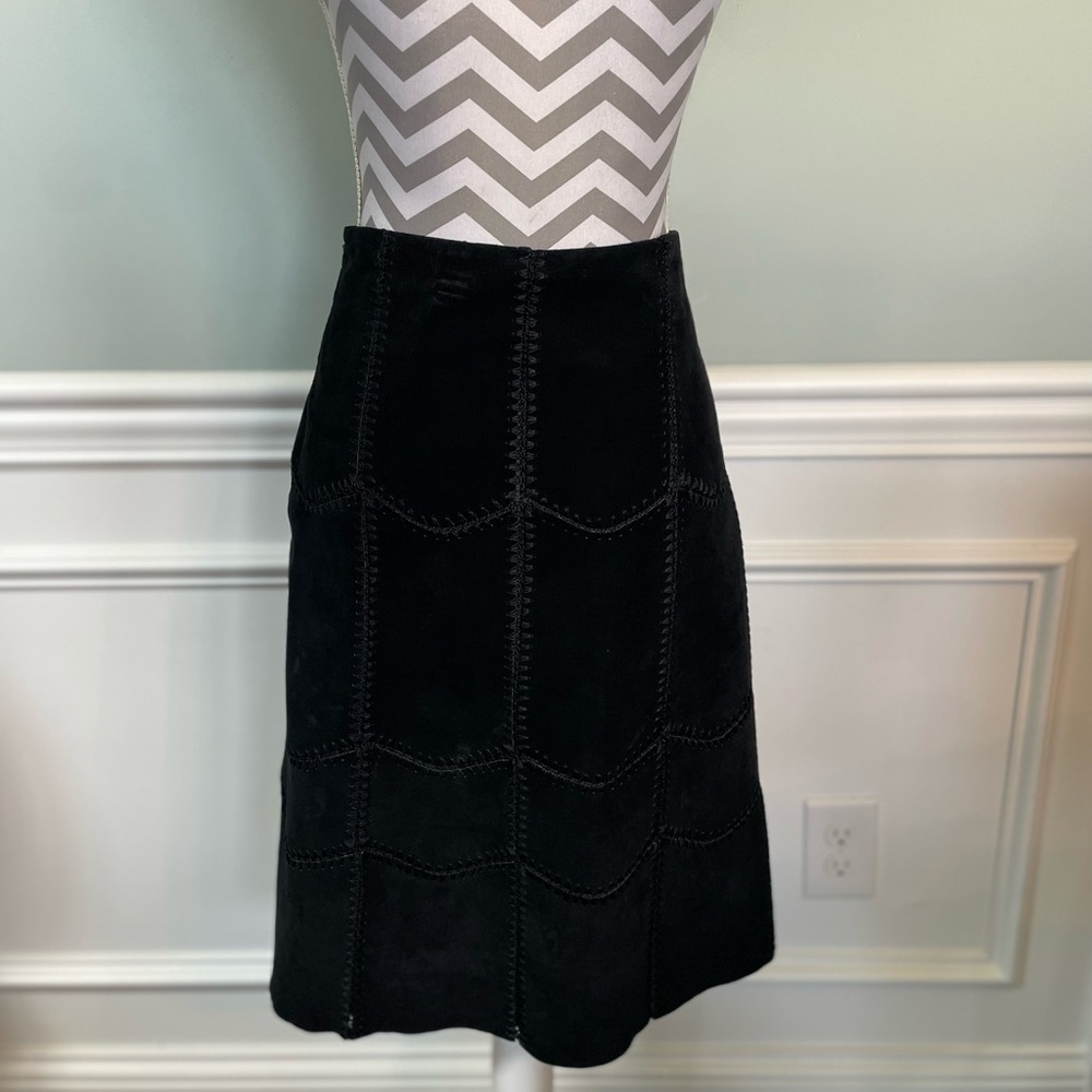 AREA “VTG” Black Suede Patchwork Whipstitch Crochet Midi Skirt Size 12 - Picture 7 of 11